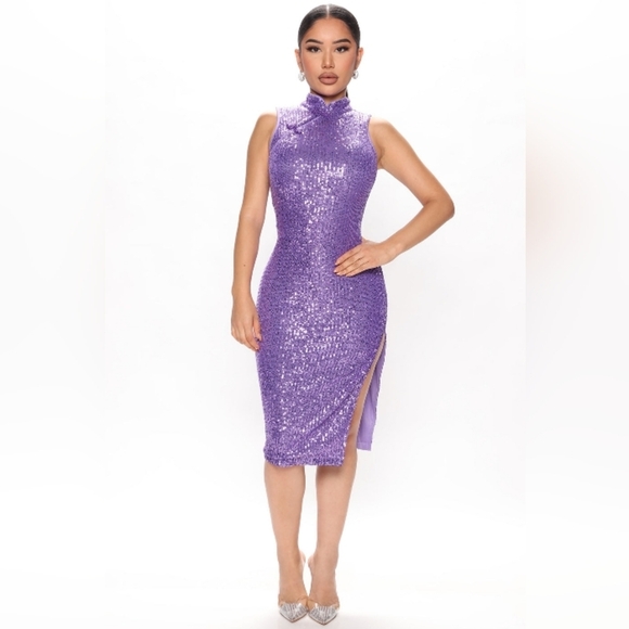 Kayla Sequin Midi Dress - Purple - Picture 1 of 9